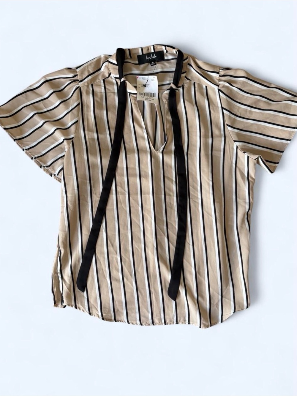 Lush Beige Stripe Tie-Detail Short Sleeve Blouse